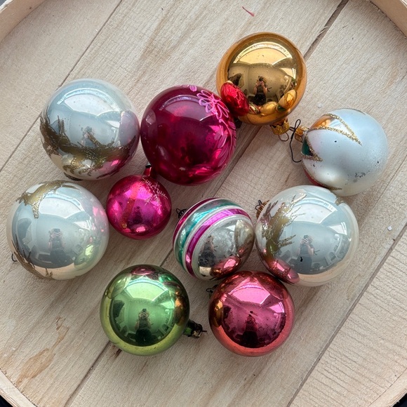 Vintage Other - Vintage Holiday Glass Ball Ornament Set - Gold, Pink, Green, Silver Metal Caps